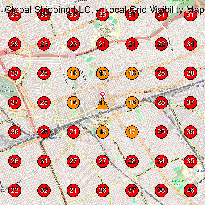 Global Shipping LLC. GeoGrid visibility map for Transportation Service in South Richmond Hill